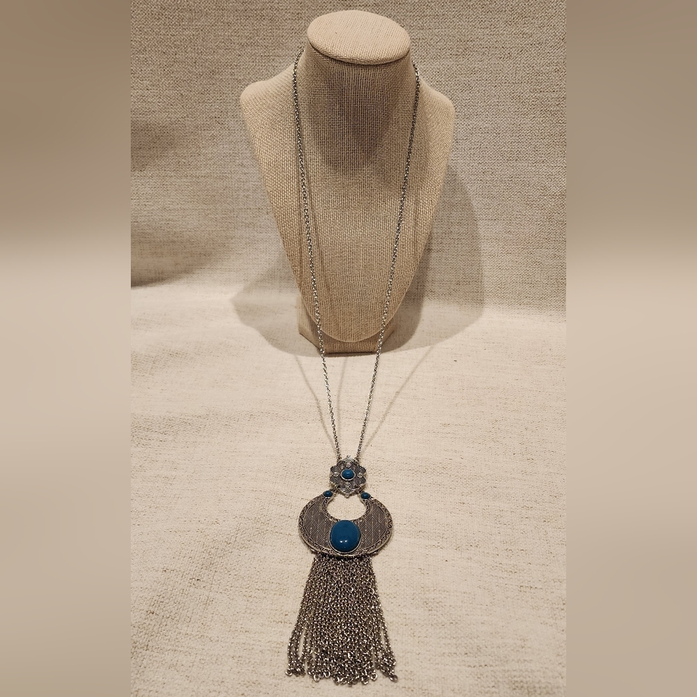 Lia Sophia Long Silver and Turquoise Fringe Necklace